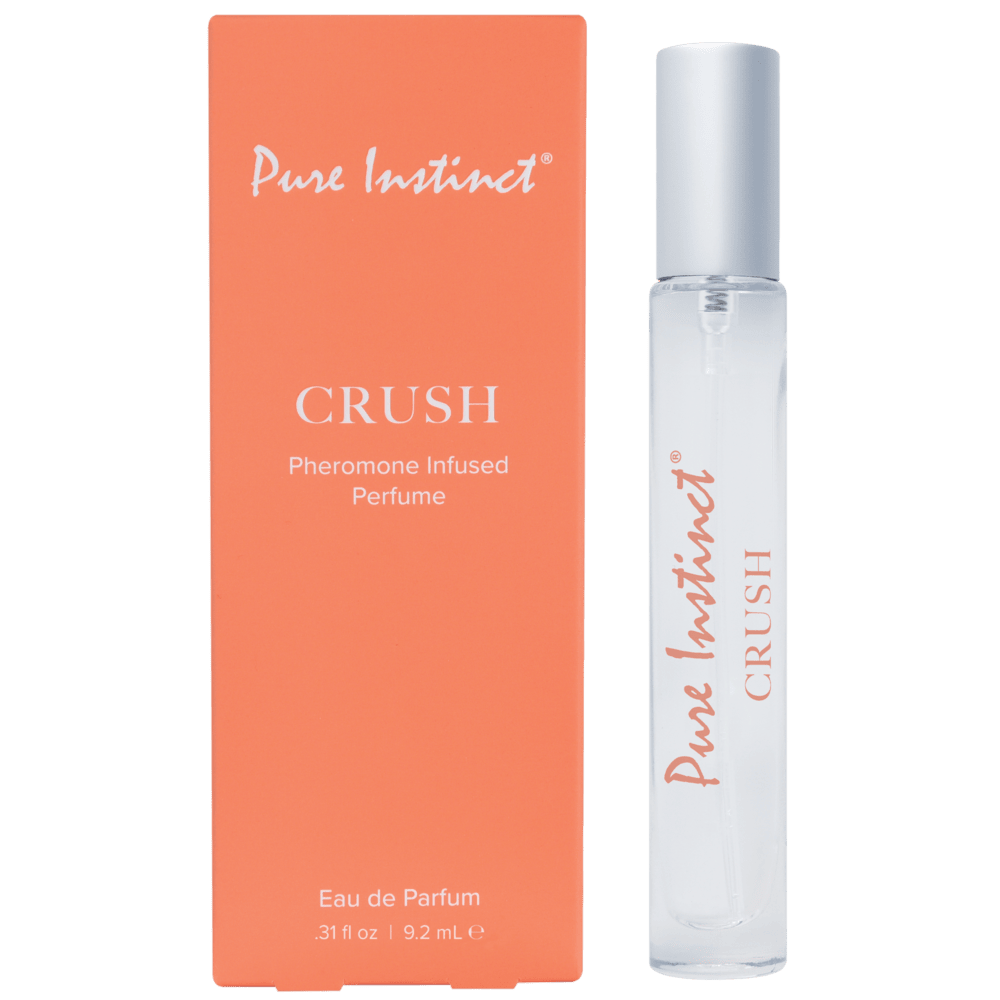 Pure Instinct Crush pheromone-infused perfume with packaging. The best pheromone perfume for ladies, designed to boost confidence and enhance natural charm.