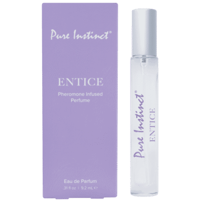 Pure Instinct Entice female pheromone perfume – a 9.2mL Eau de Parfum spray in a sleek clear bottle with a silver cap, next to its lavender packaging.