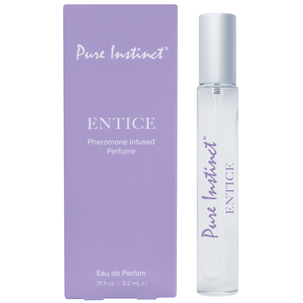 Pure Instinct Entice female pheromone perfume – a 9.2mL Eau de Parfum spray in a sleek clear bottle with a silver cap, next to its lavender packaging.