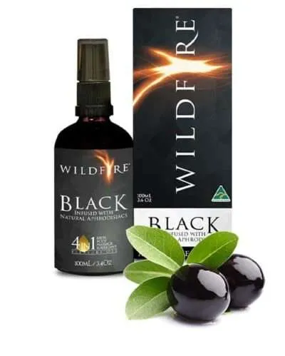 Wildfire Black sensual massage oil bottle and packaging with extra virgin olive oil