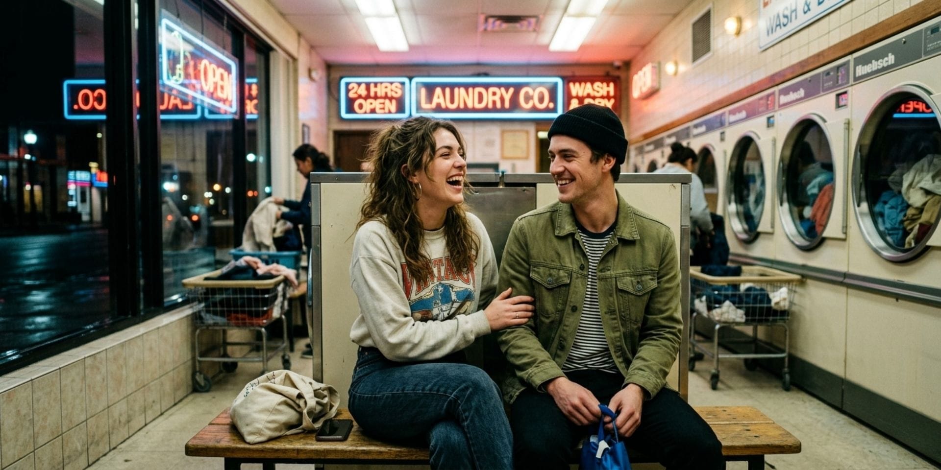 Two young adults sharing a relaxed moment together in a late-night laundromat