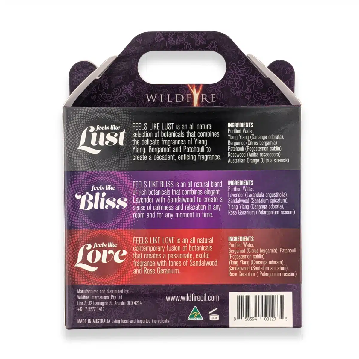 Back of Wildfire Mood Mist Gift Pack – Spray Essential Oils Collection Ingredients and Details