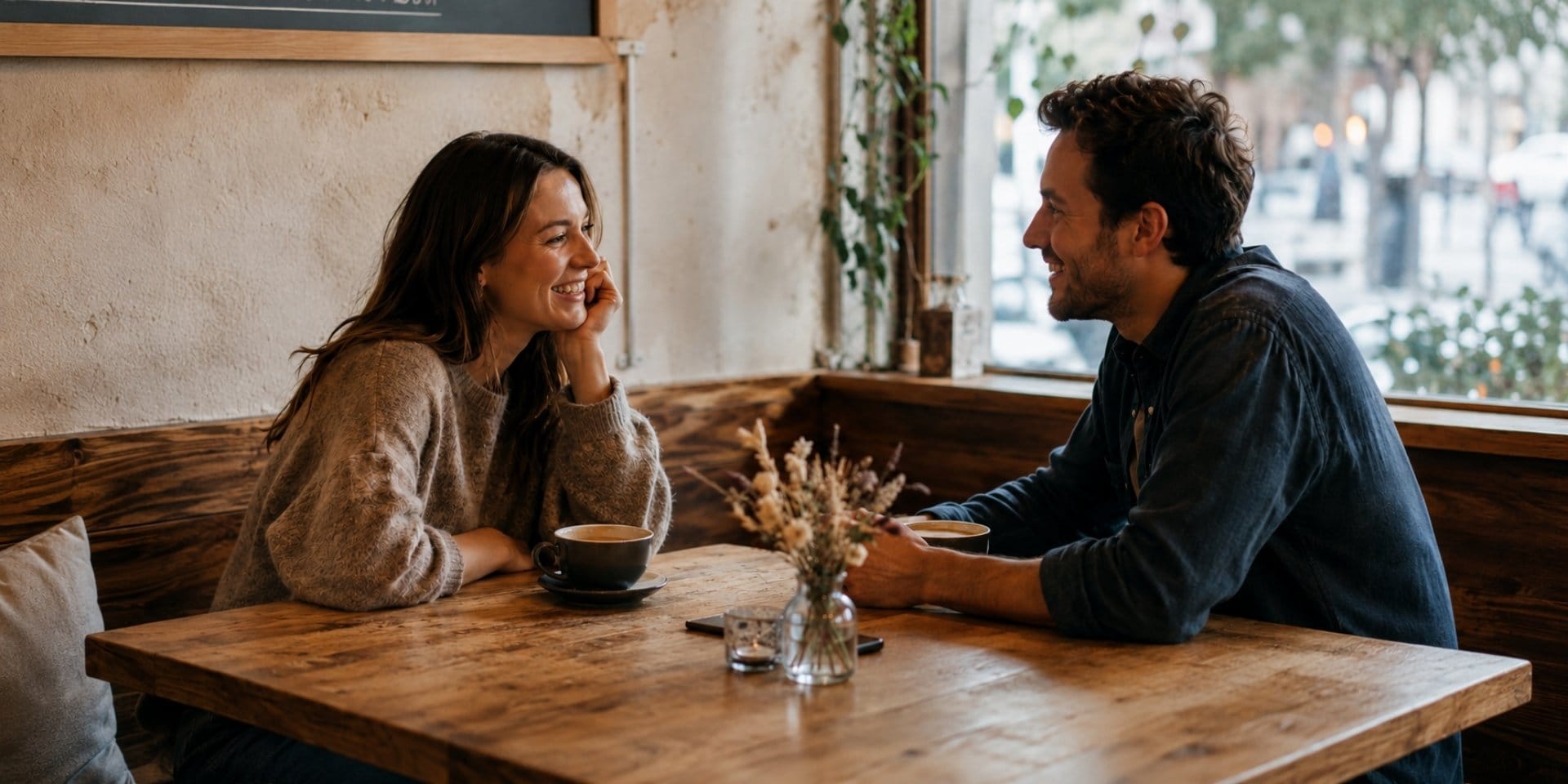 Couple smiling over coffee on a relaxed first date