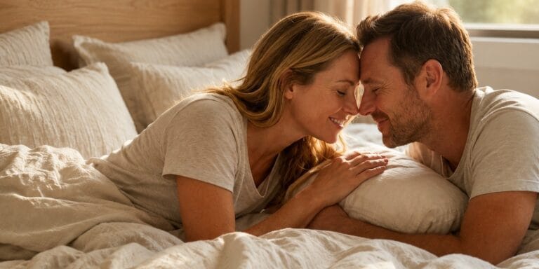 Couple reconnecting in bed, showing how to bring the spark back in a relationship