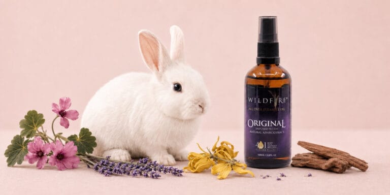 What does cruelty-free mean? Wildfire Original body oil beside a white rabbit and botanical ingredients.