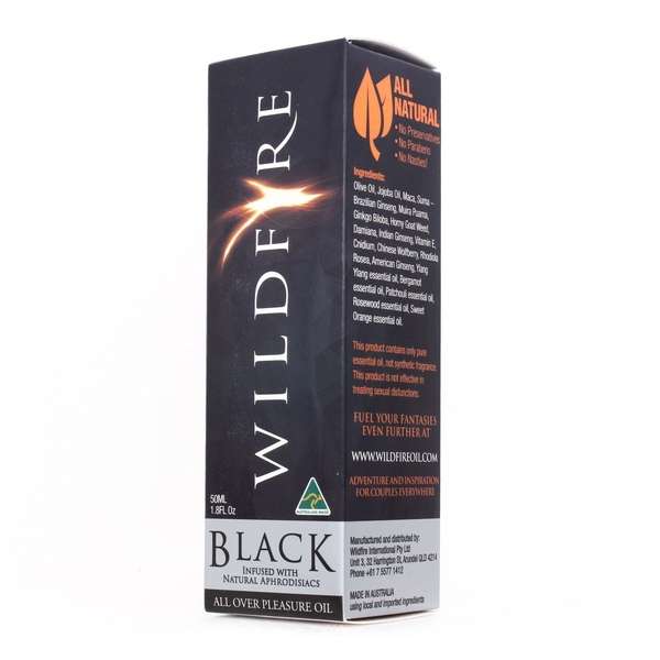 Intimate oil Wildfire Black 50ml box, ideal for sensual experiences and sexual wellness.