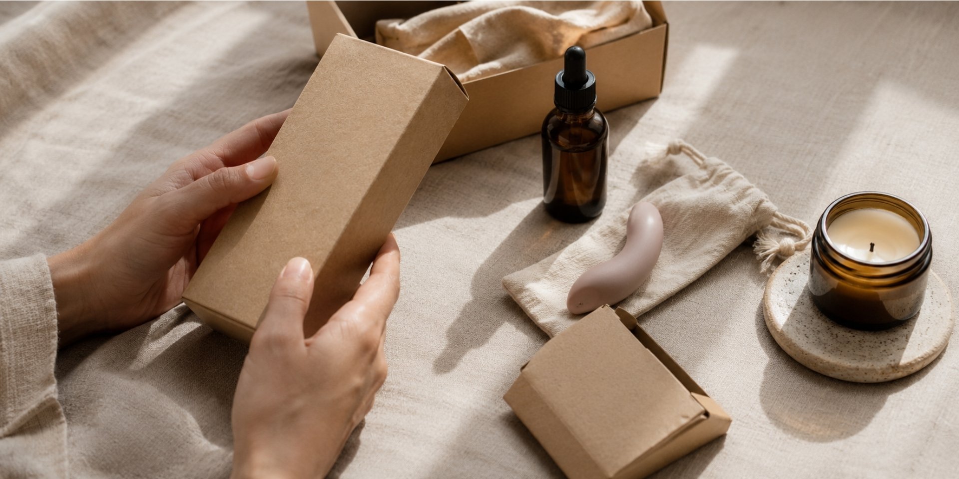 Hands reviewing packaging and materials for eco-friendly intimacy products