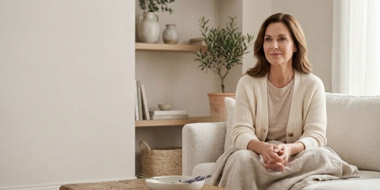 Mature woman in a calm home setting with subtle botanical elements nearby