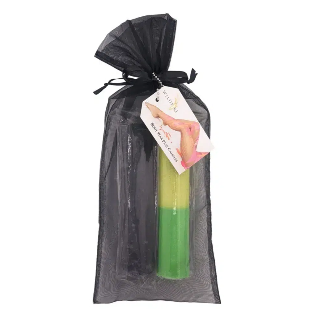 Wildfire Wax Play Candles – Black & Fluoro Yellow/Green set, packaged in a black organza bag with a product tag attached.