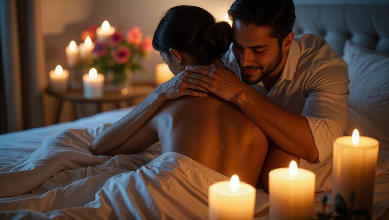 Couple enjoying a romantic massage oil experience by candlelight