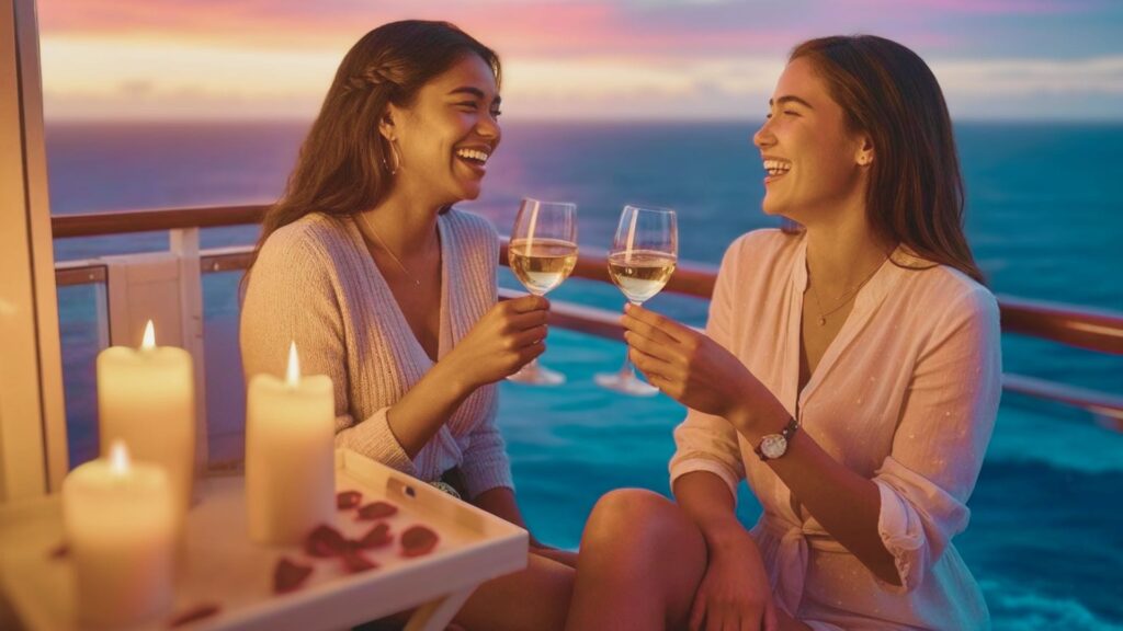 Two women laughing and toasting wine on a cruise balcony at sunset, surrounded by candles and rose petals — a moment of connection, laughter, and discussing spicy dares.