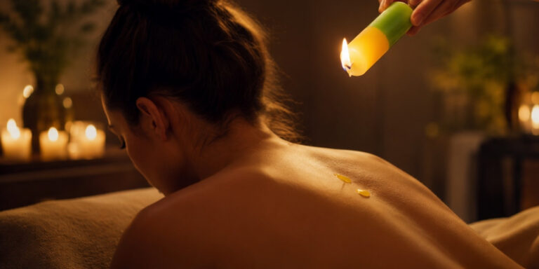 Body-safe wax play candle dripping warm wax onto the upper back during safe candle play