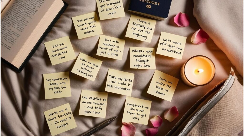 Post-it notes arranged with flirty spicy dares like “Kiss me somewhere unexpected” and “Use Wildfire oil on me tonight,” surrounded by rose petals, a candle, and travel items.