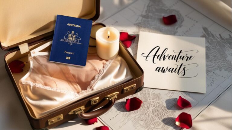 A romantic travel flat lay with silk lingerie, passport, rose petals, and candle — perfect for setting the scene for spicy dares on holiday.