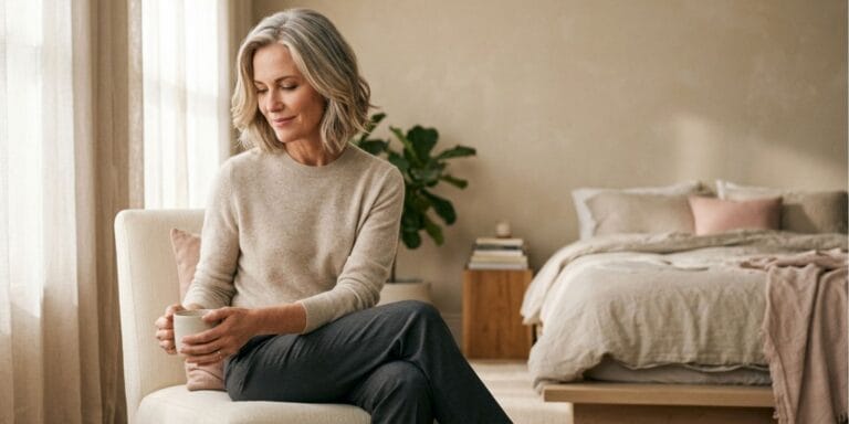 Mature woman in a calm bedroom setting reflecting quietly with a cup in hand