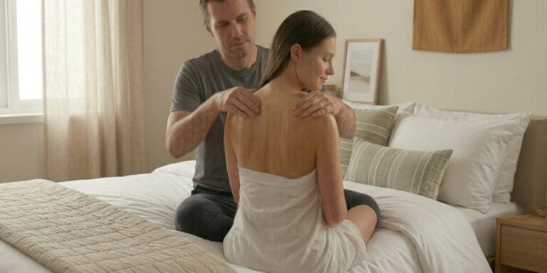 Couple using massage oil for a relaxing shoulder massage at home