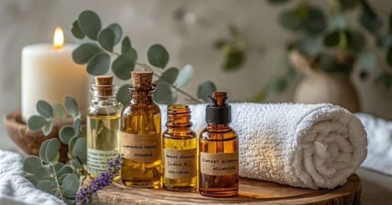 massage oil bottles and botanicals used in massage oil buying guide