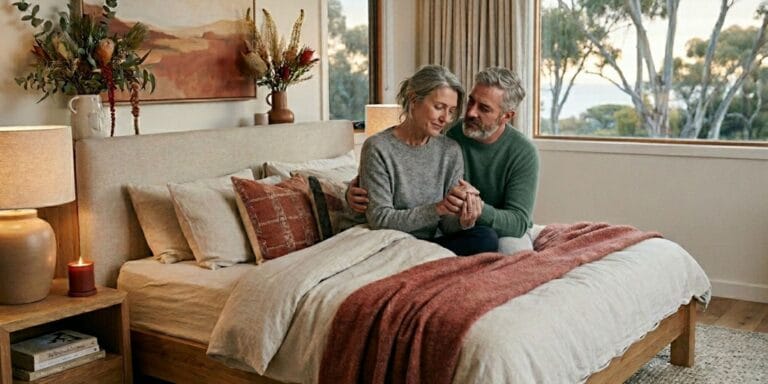 Supportive couple sitting together on a bed, sharing a quiet moment of connection in a warm bedroom setting
