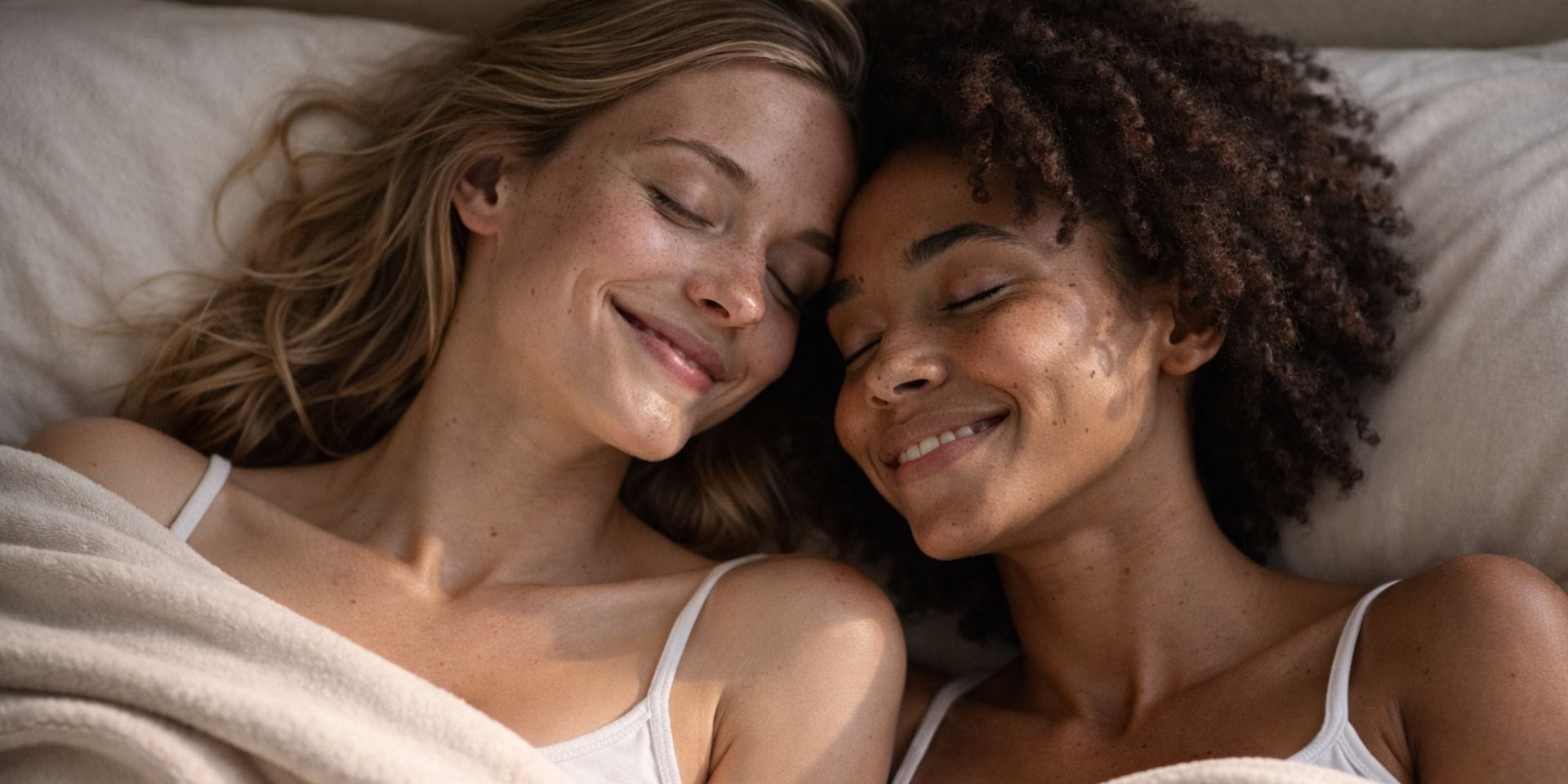 Two partners resting together in bed, representing comfort and intimacy in choosing a personal lubricant