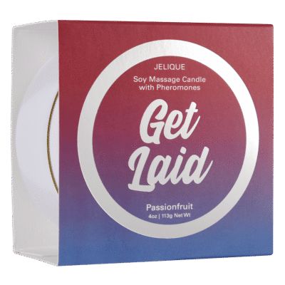 Jelique Get Laid pheromone massage candle with tropical passion fruit fragrance, 4oz soy wax intimate massage oil candle