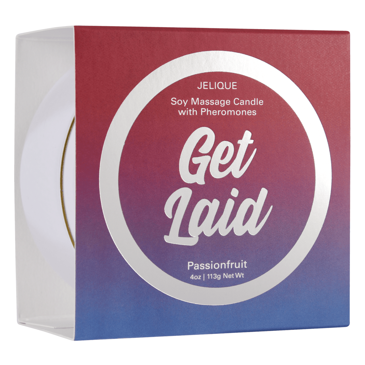 Jelique Get Laid pheromone massage candle with tropical passion fruit fragrance, 4oz soy wax intimate massage oil candle