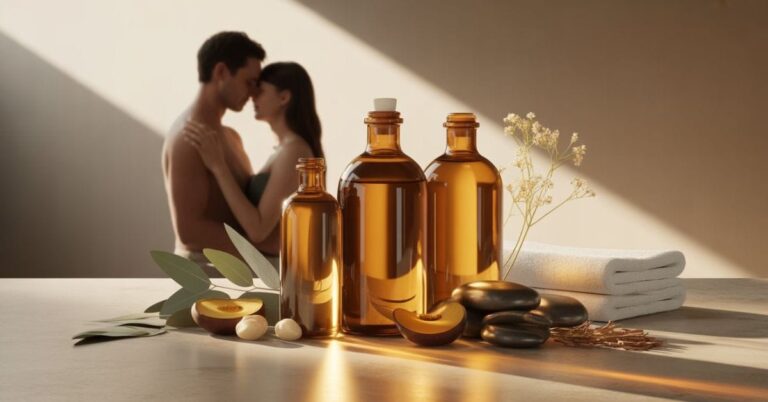 Australian-made massage oils styled for an intimate couples massage setting with warm light and natural elements