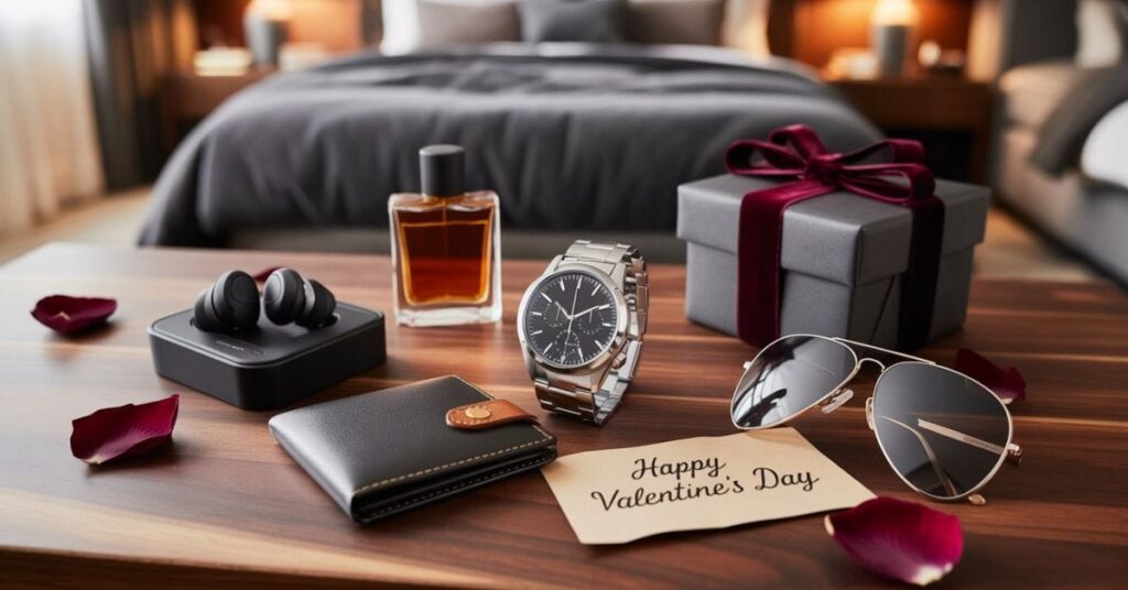 Valentine’s Day gifts for him arranged on a wooden table, including a watch, wallet, fragrance, sunglasses, and a handwritten Valentine’s card