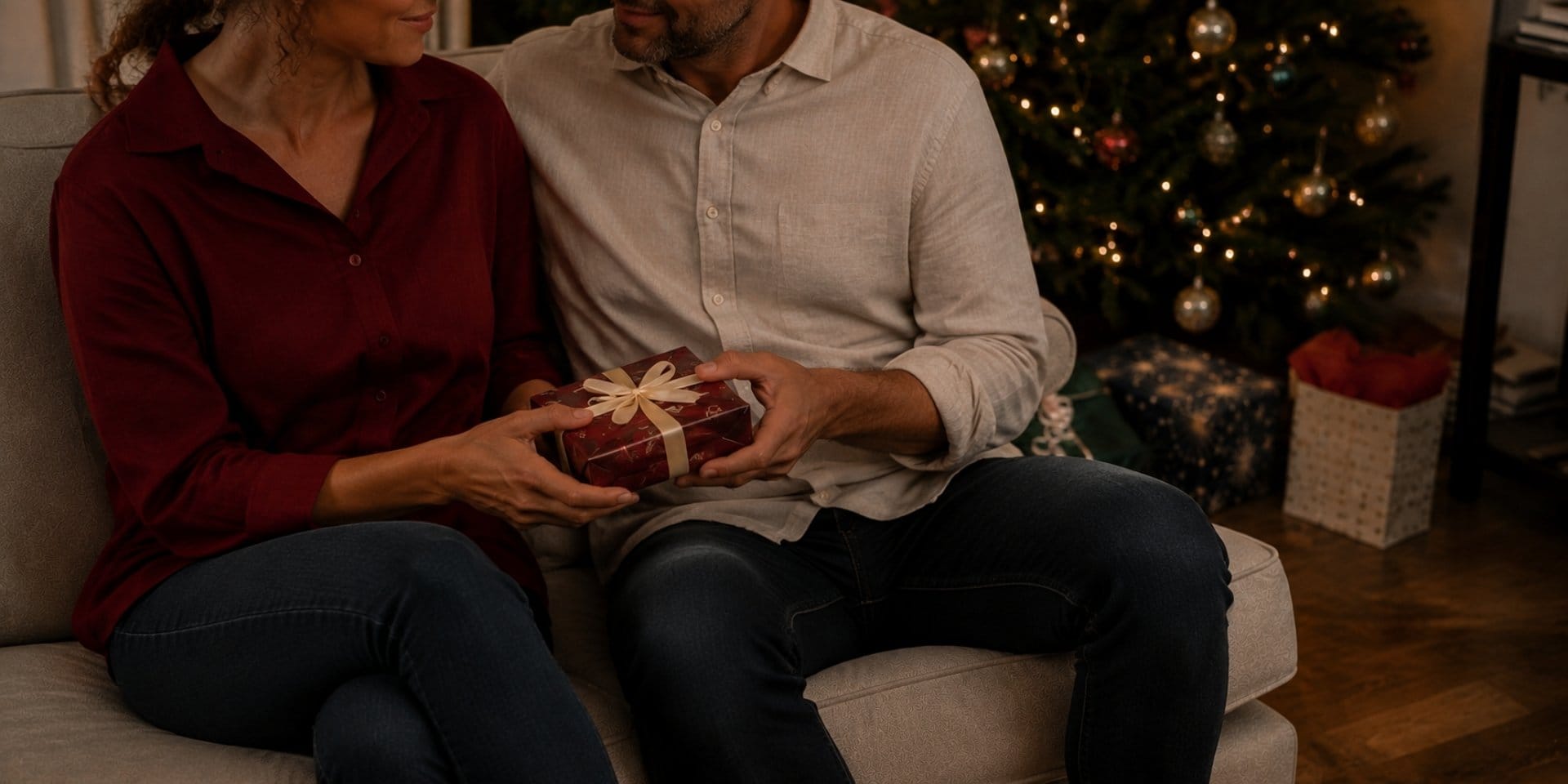 Couple exchanging a wrapped present beside a Christmas tree, representing intimate Christmas gifts for couples
