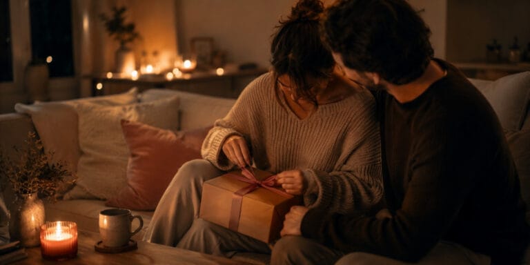 Romantic gifts for girlfriend inspiration with a couple opening a thoughtful gift at home