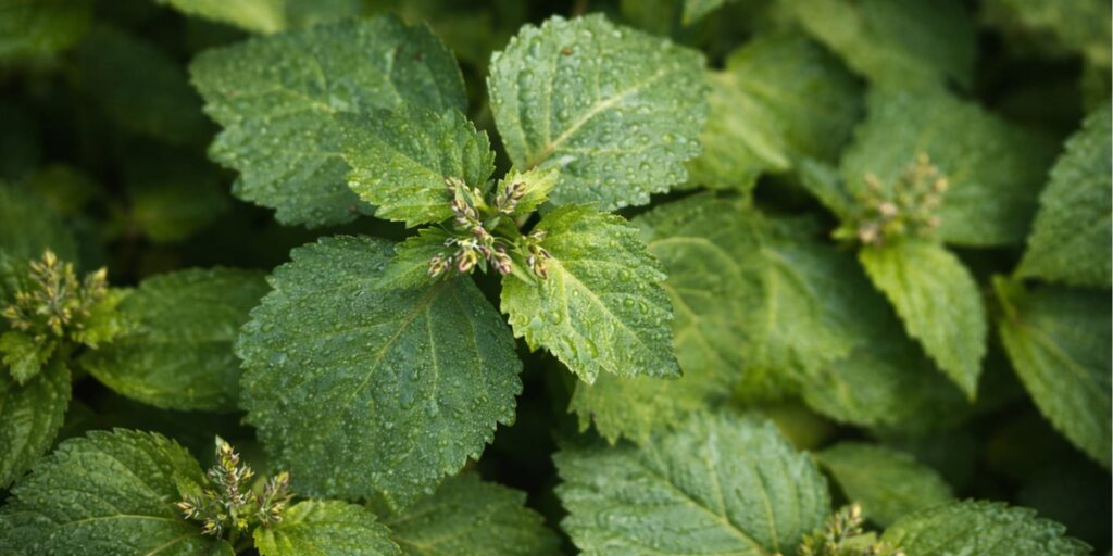 Fresh patchouli leaves with natural texture and green tones
