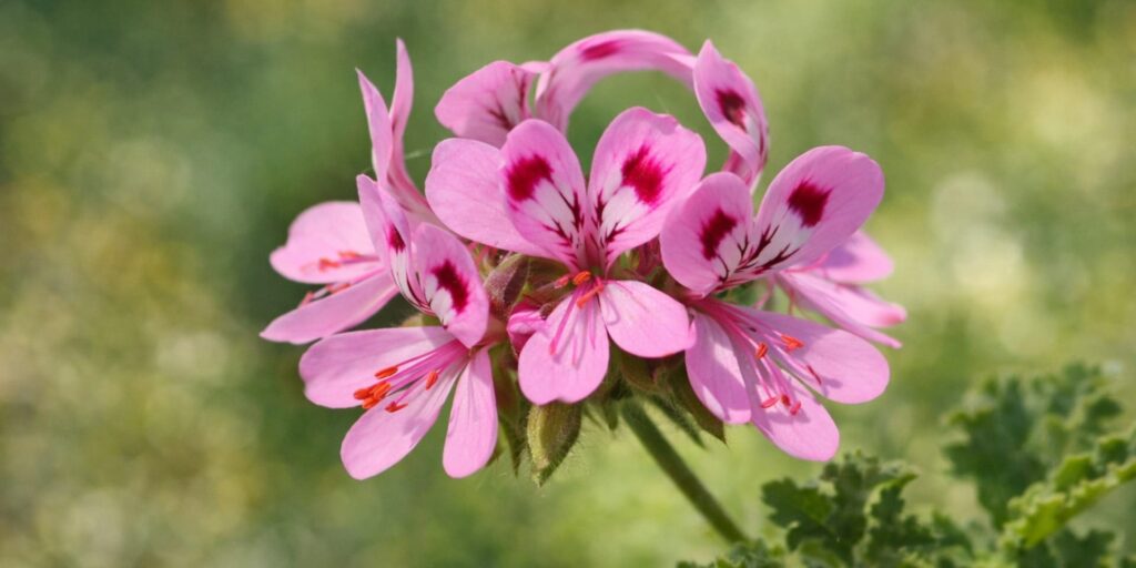 Pink rose geranium flower with delicate petals and natural detail