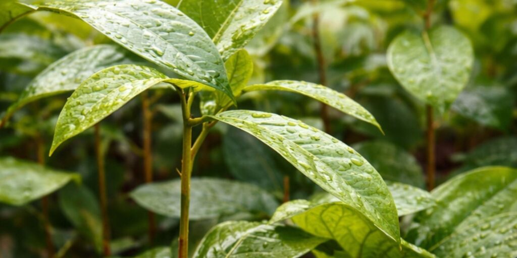 Rosewood leaves and stems photographed in soft natural light, used for rosewood essential oil