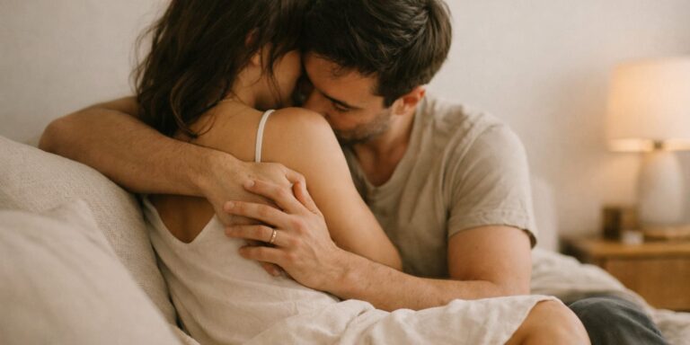 Couple sharing a quiet, intimate moment reflecting slow love and modern sex and wellness