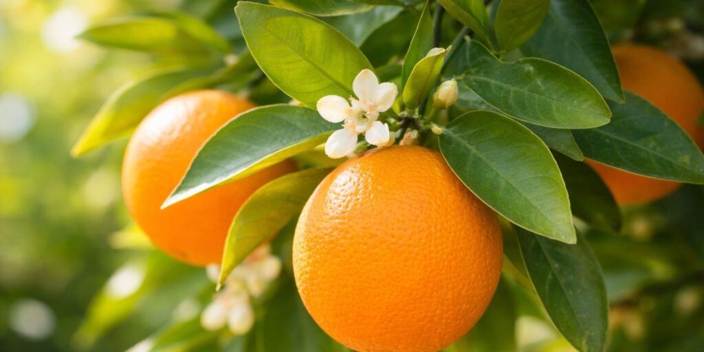 Sweet orange fruit growing on a tree with green leaves
