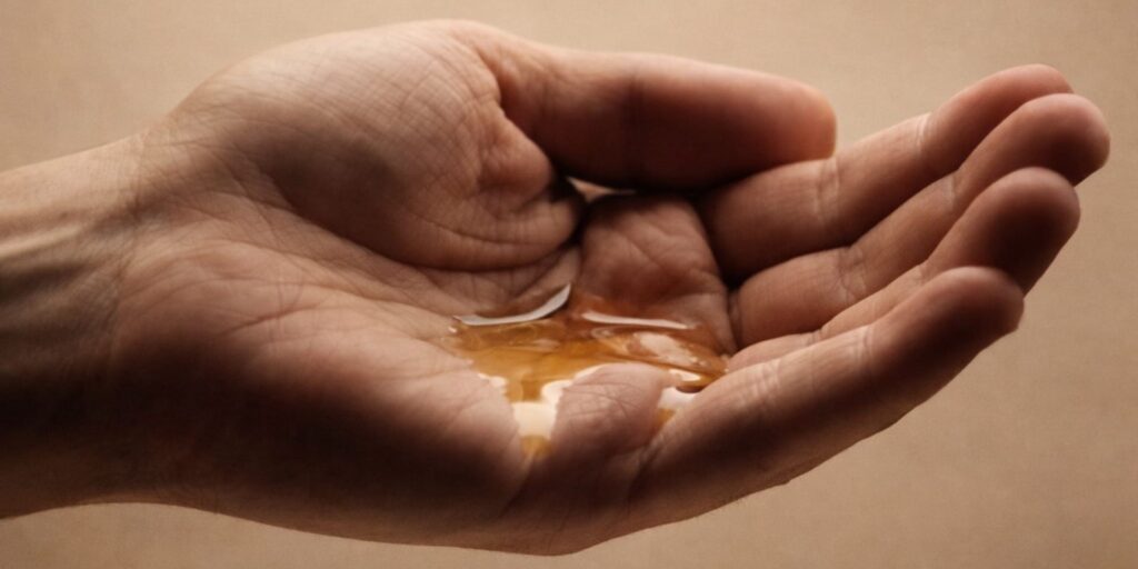 An open hand holding a small amount of oil