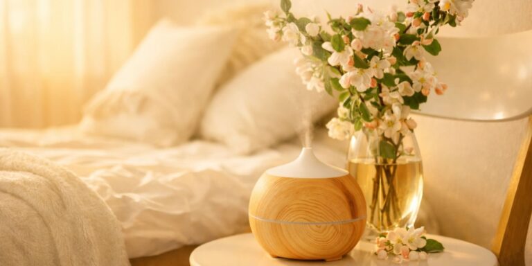 Best bedroom scents for relaxation and connection with diffuser in warm bedroom setting