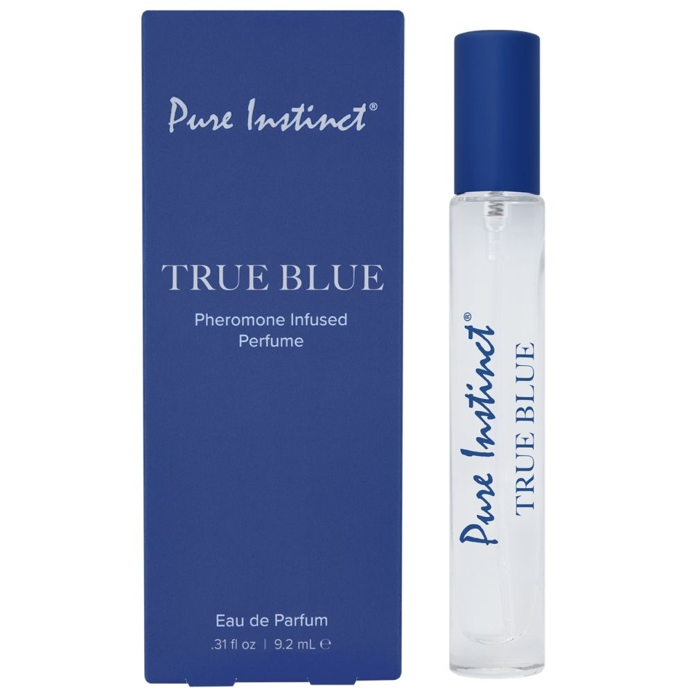 Pure Instinct Original True Blue pheromone perfume spray bottle with blue packaging