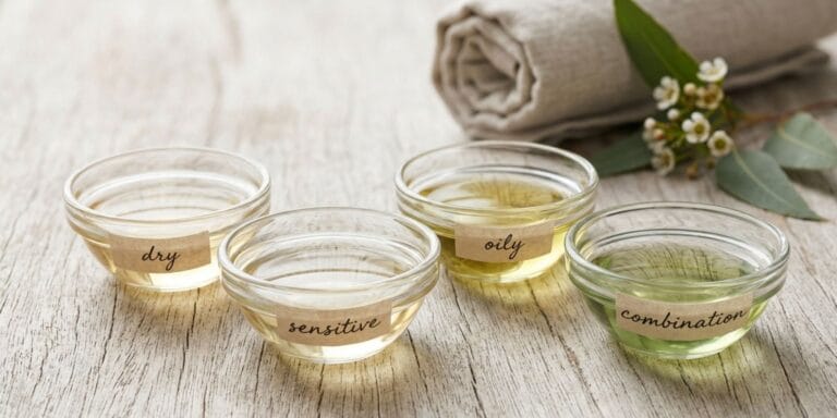 Different massage oils for dry, sensitive, oily and combination skin types in glass bowls