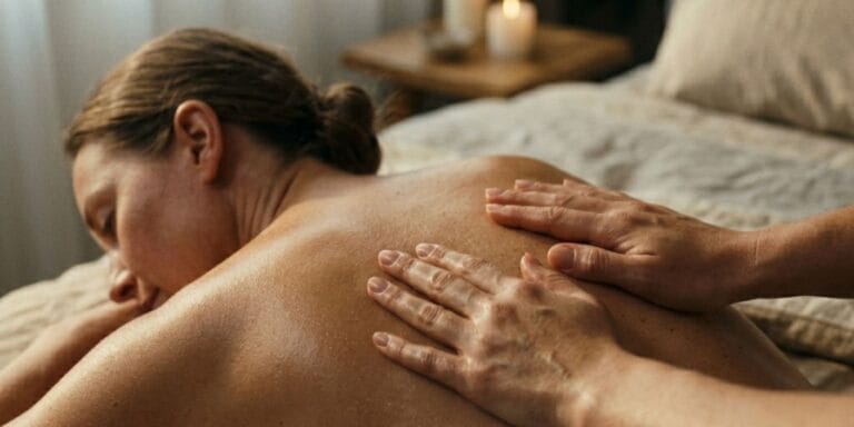 person receiving back massage at home with massage oil warm lighting