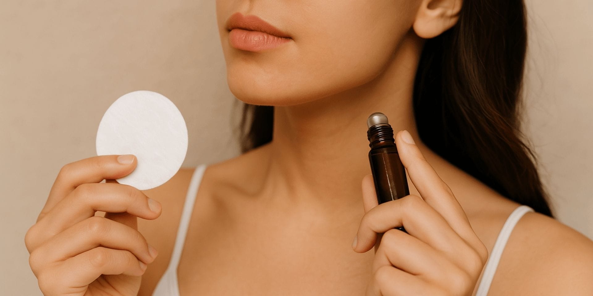 woman holding pheromone oil roll-on bottle ready to apply to neck pulse point