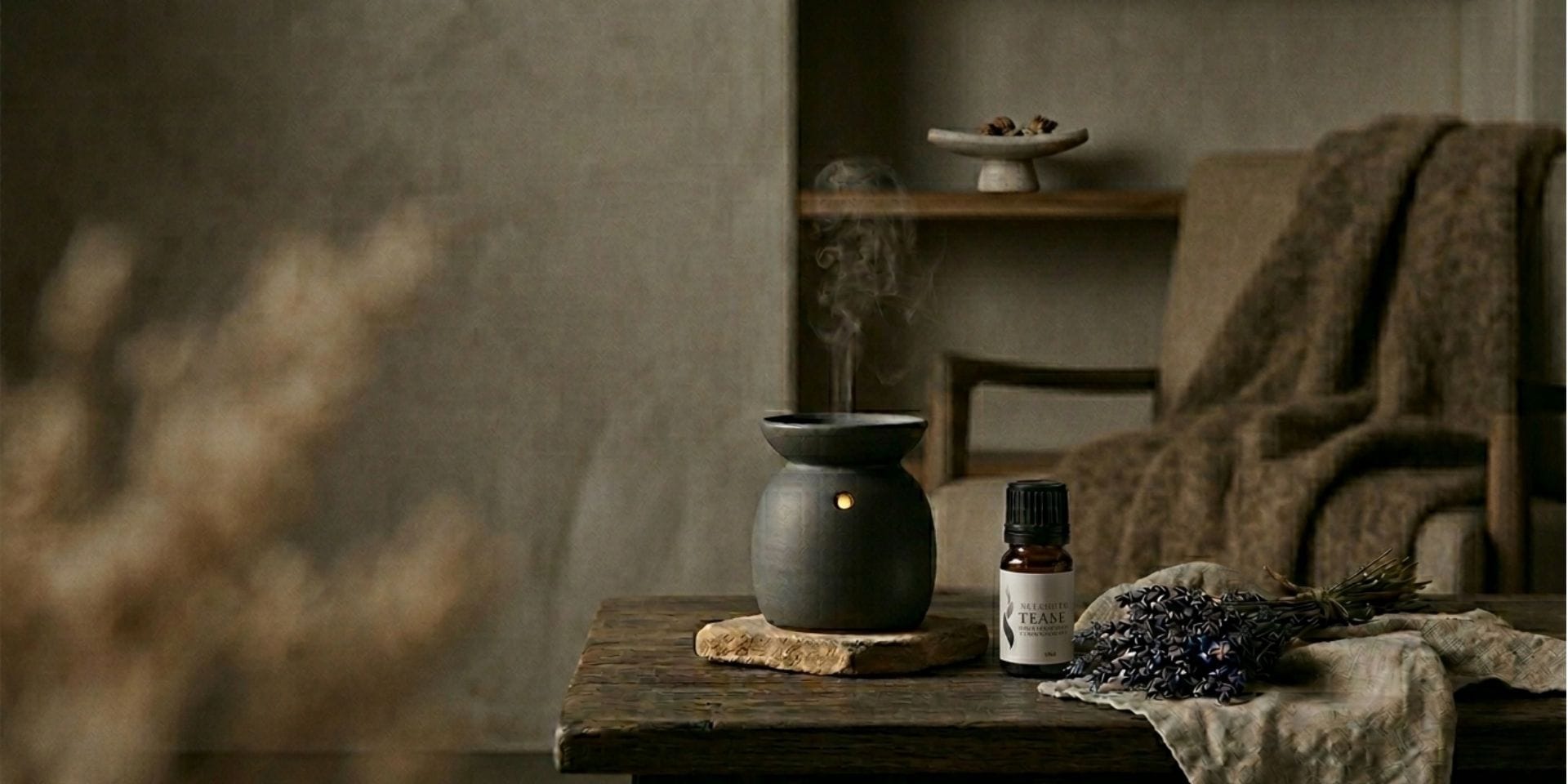 Ceramic oil burner with lavender and Wildfire essential oil for a calming home diffuser ritual