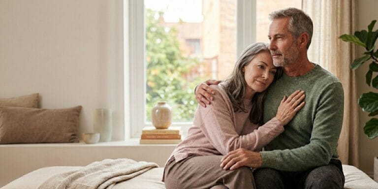 Mature couple sharing a quiet, affectionate moment together at home