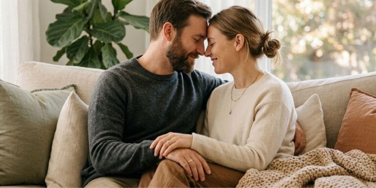 Couple sharing intimacy without sex through affectionate touch and close connection on a sofa