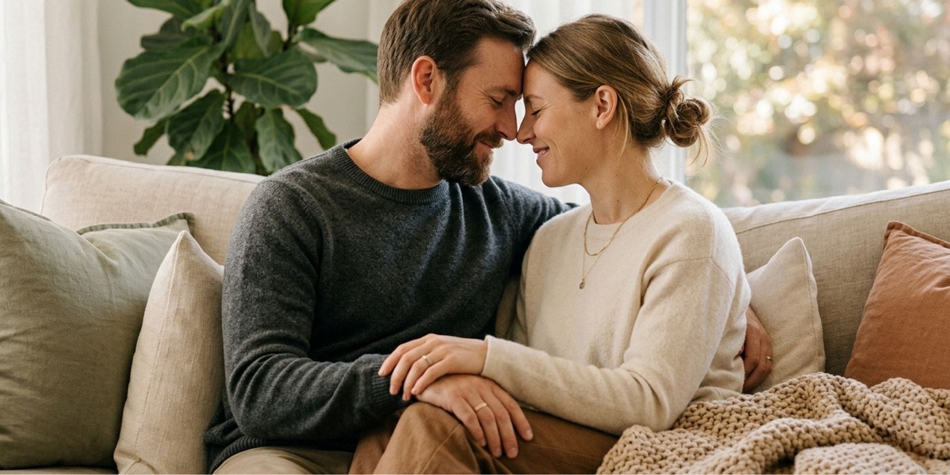 Couple sharing intimacy without sex through affectionate touch and close connection on a sofa