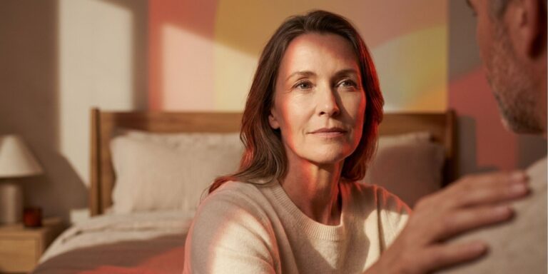Woman sharing a close, reflective moment with her partner in a softly lit bedroom, representing libido after menopause