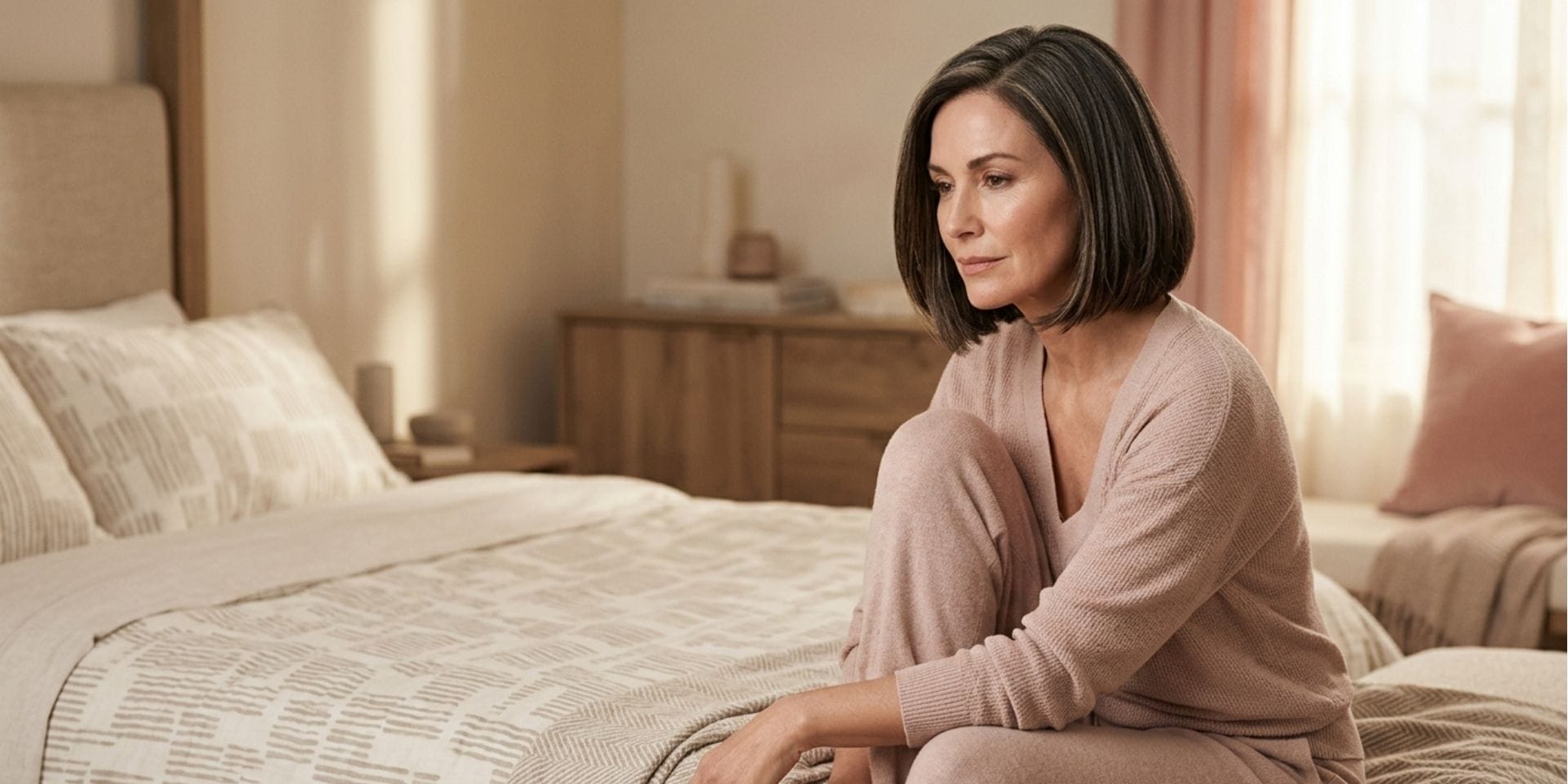 Woman sitting thoughtfully on a bed in a calm bedroom, reflecting on painful sex after menopause
