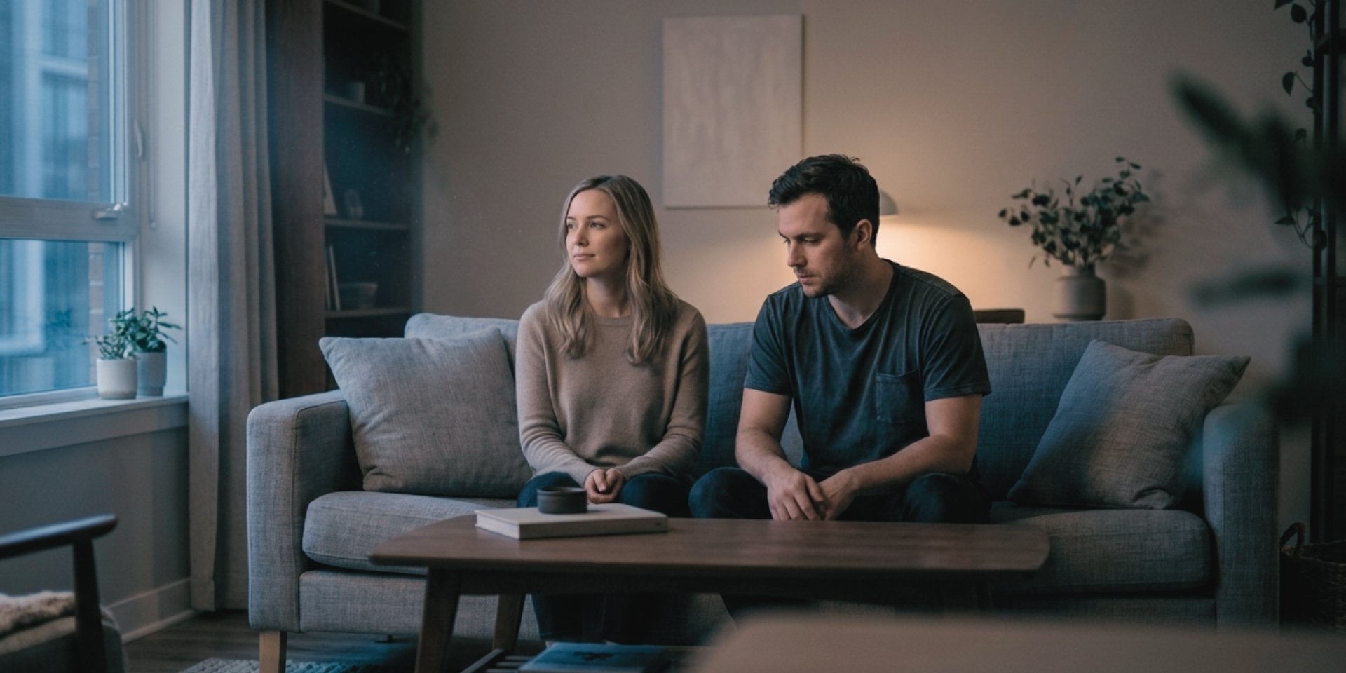 Couple sitting on couch feeling emotionally distant in a quiet home