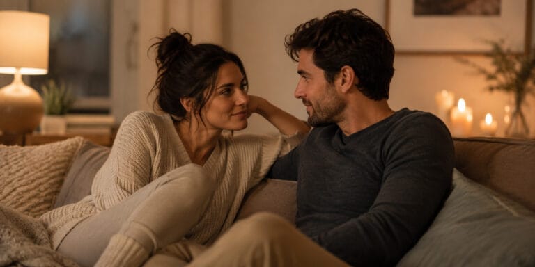 Emotional intimacy in relationships shown through a couple sharing a quiet conversation at home