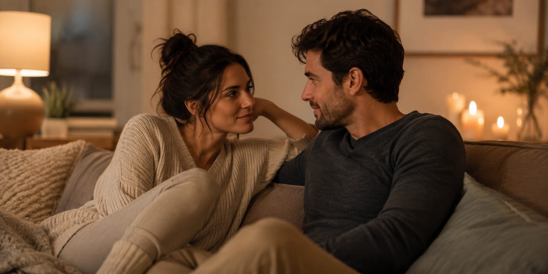 Emotional intimacy in relationships shown through a couple sharing a quiet conversation at home