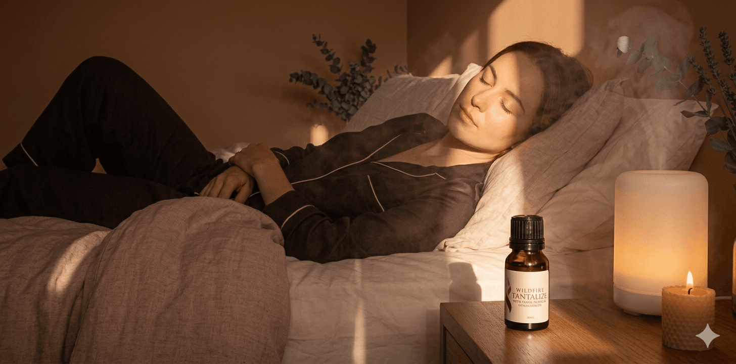 Woman relaxing beside Wildfire Tantalize oil, candle and diffuser for essential oils for mood and relaxation rituals